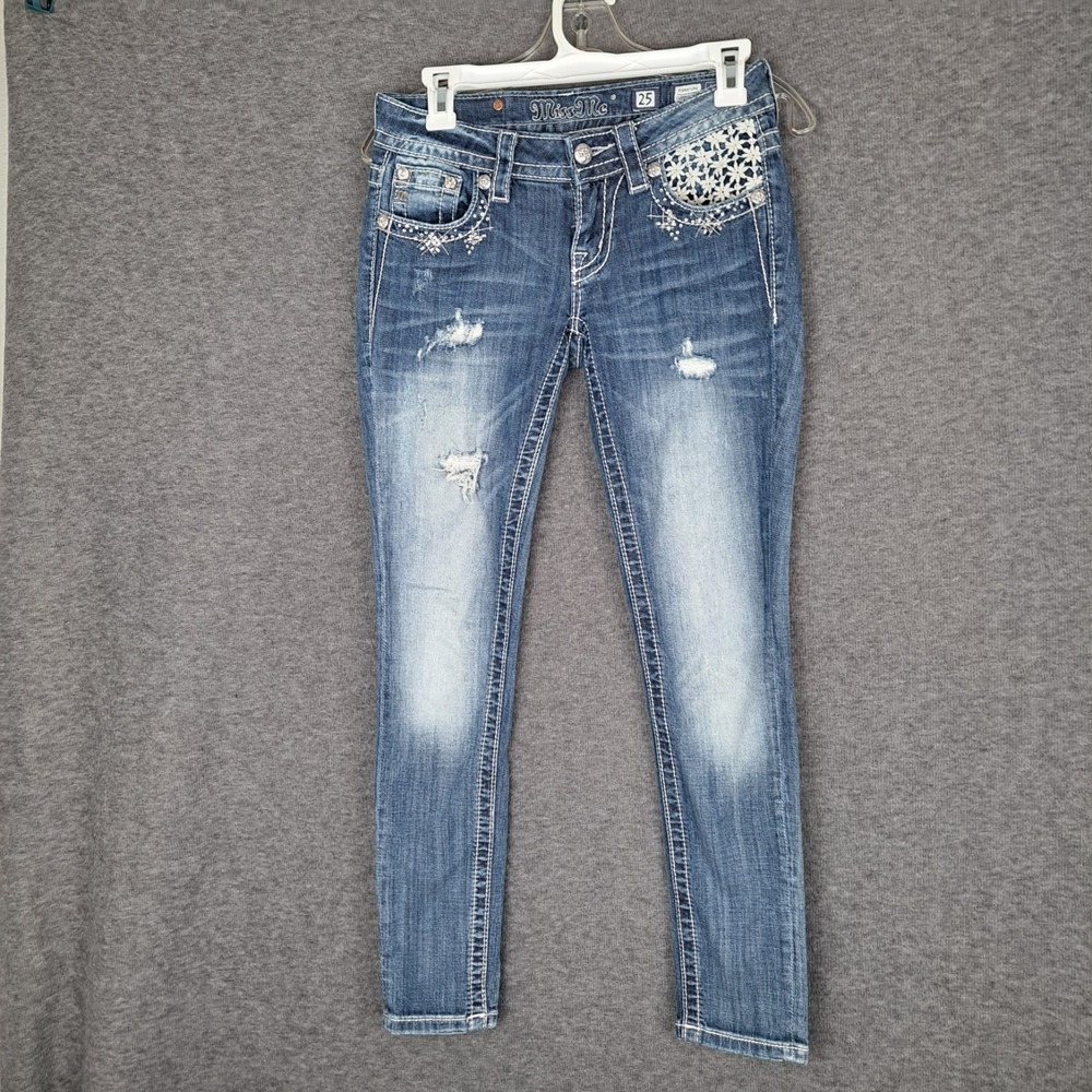 Miss Me Signature Cuffed Skinny Crochet Rhinestone Distressed Jeans Women's 25